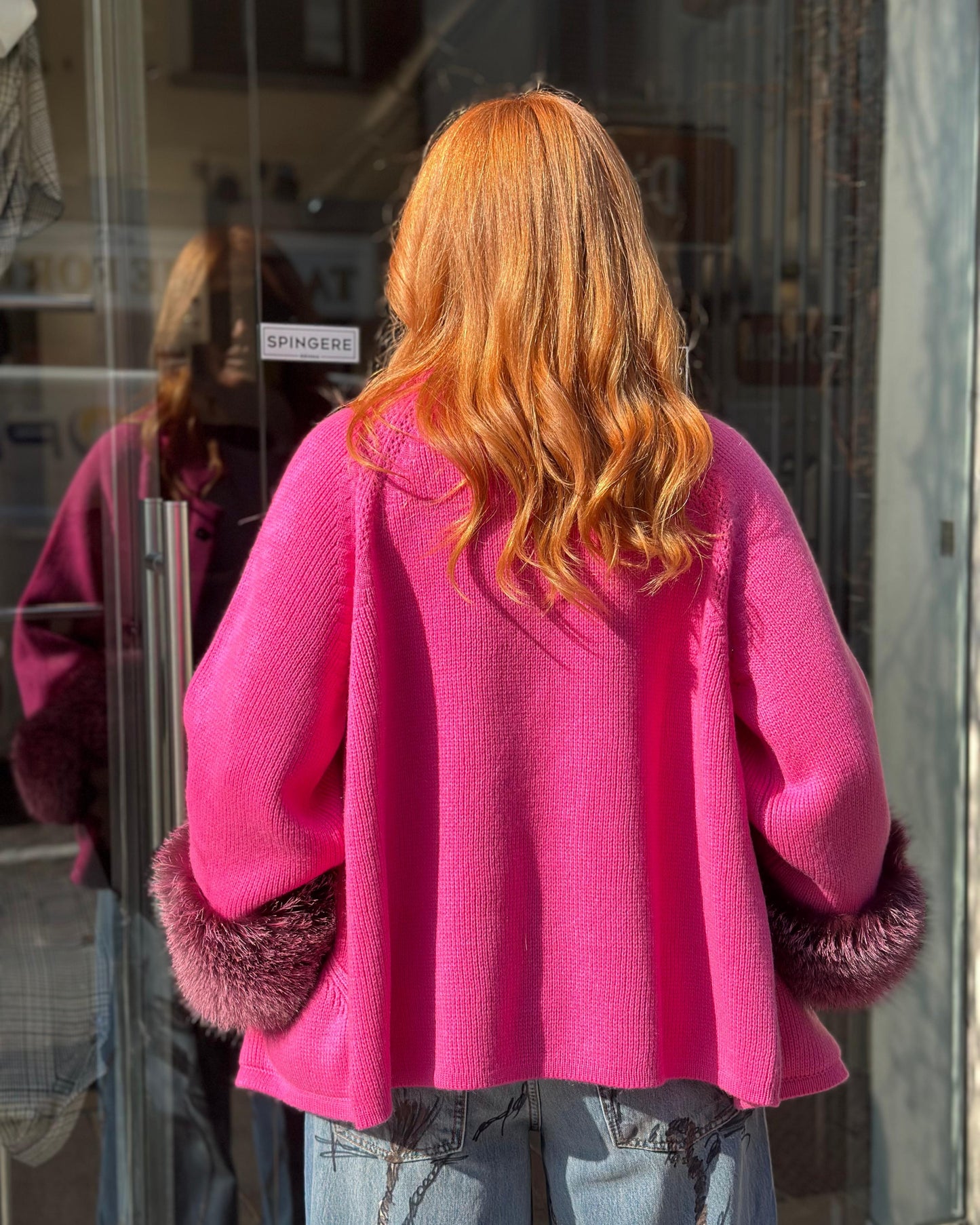 Cardigan donna con manicotti in pelliccia – Rosa e Verde | Taglia unica