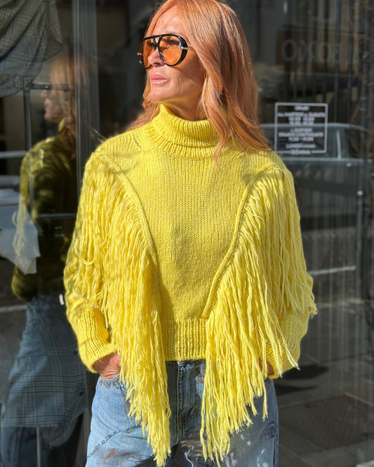 Dolcevita con frange in lana e micropaillettes – Giallo sole