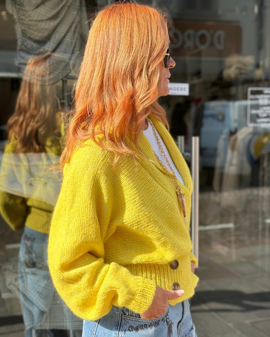 Cardigan giallo donna con bottoni decorativi – Taglia unica