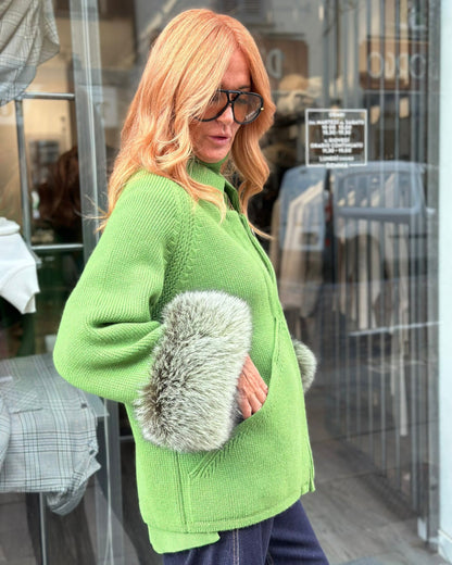 Cardigan donna con manicotti in pelliccia – Rosa e Verde | Taglia unica